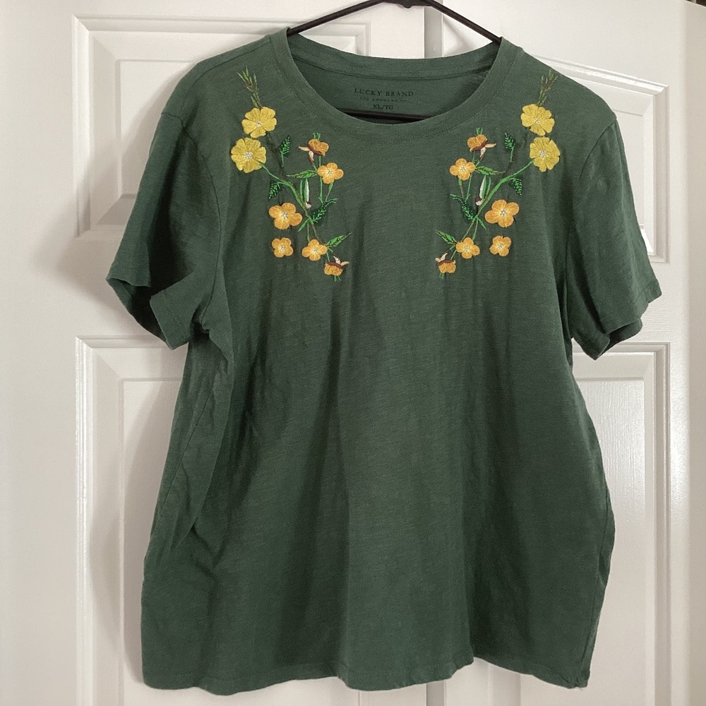 Womans Lucky Brand Embroidered T-Shirt Dark Green sz XL India